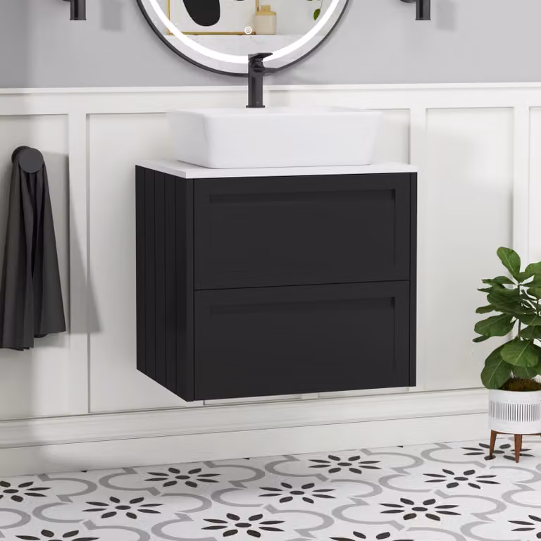 Royal Bathrooms Elmore Wall Hung Vanity Unit with Cube Basin, Matt Nocturne Black and Plain White Worktop, 600mm