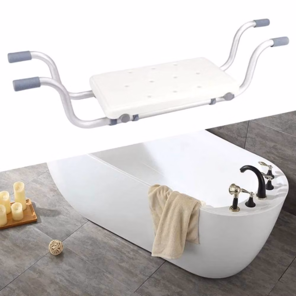 KORVIXA Anti-Slip Silver and White Bath Bench with Metal Frame and Drainage Seat – 2