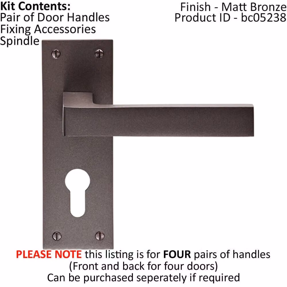 Loops 4 Pairs of Straight Square Handles with Euro Lock Backplate, Matt Bronze, W: 150 mm, H: 50 mm – 2