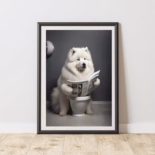 60 Second Makeover Samoyed On The Toilet Multicolour Paper Poster, W: 21.0 cm, H: 29.7 cm