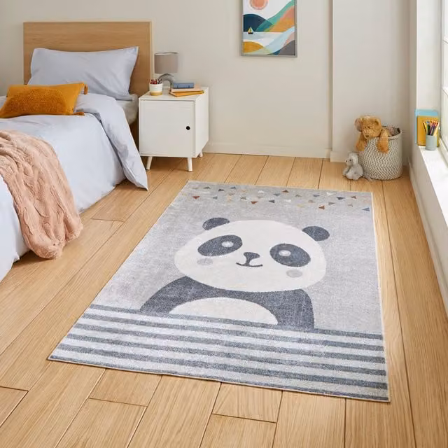 Terrys Grey Panda Animal Recycled Machine Woven Childrens Rug