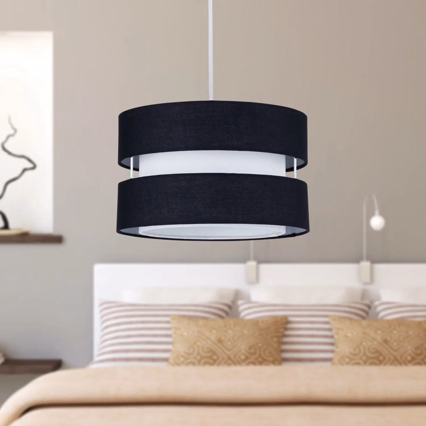 First Choice Lighting Benni Set of 2 Black Fabric Round Easy Fit Pendant Shades, Diameter: 26 cm – 5