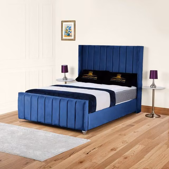 UK Bed Furniture Empire Winged Slatted Base Upholstered Velvet Bed in Blue, Super King, 200 x 200 cm