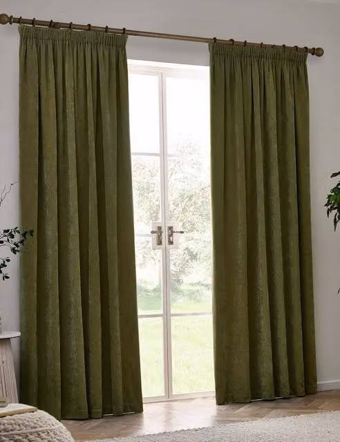 YARD Chenille Velvet Pencil Pleat Opaque Curtains, Green, H 218 cm x W 137 cm