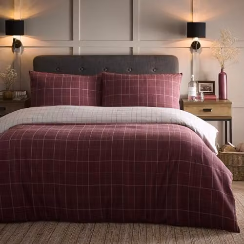Dreams & Drapes Lodge Wynn Reversible Checked Brushed Cotton Duvet Cover and Pillowcase Set, Red, W/D/H: 140 x 200 cm – 2