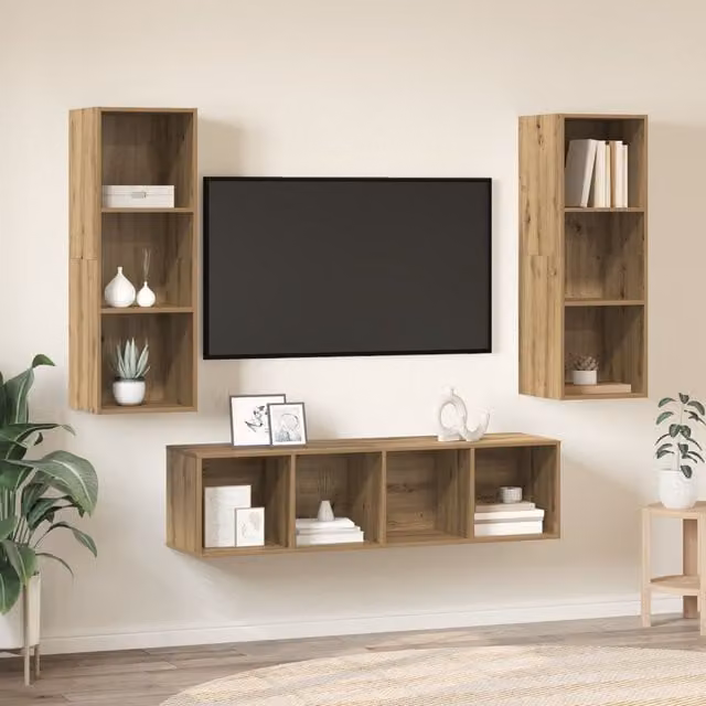 Berkfield Home 3-Piece Artisan Oak TV Cabinet Set with Shelf in Brown, W/D/H: 37 x 37 x 142.5 cm