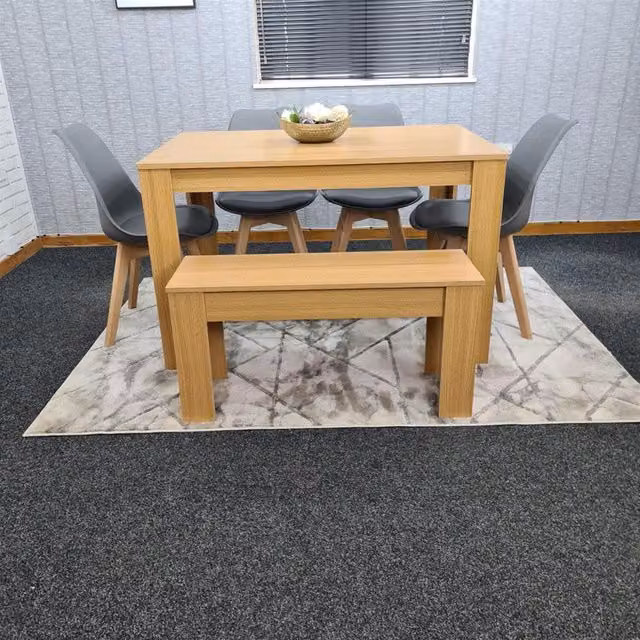 KOSY KOALA 6 Seater Modern Dining Set with Rectangular Brown Wood Table, 4 Grey Plastic Chairs and Bench