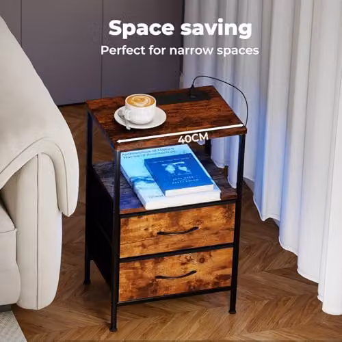 Levede Industrial Bedside Table in Brown with LED Lights, Charging Station, and 2 Fabric Storage Drawers, W/D/H: 30 x 40 x 60 cm – 7
