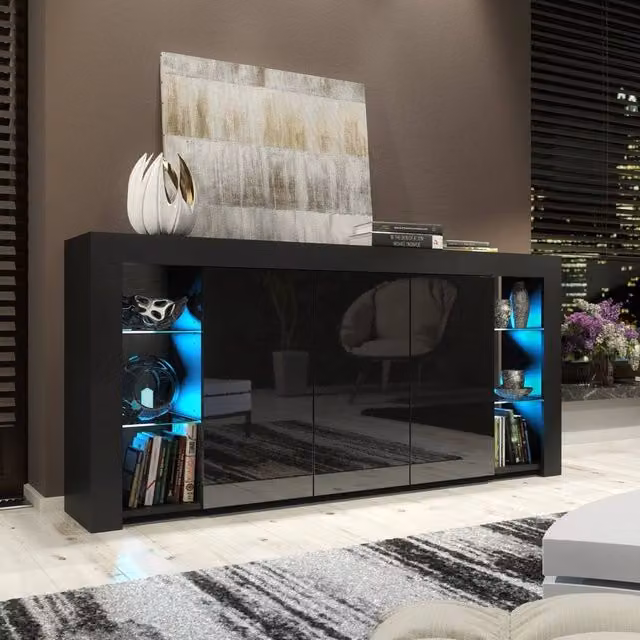 FORGEVIO Modern Black TV Unit Sideboard and Display Cabinet with Integrated Lighting