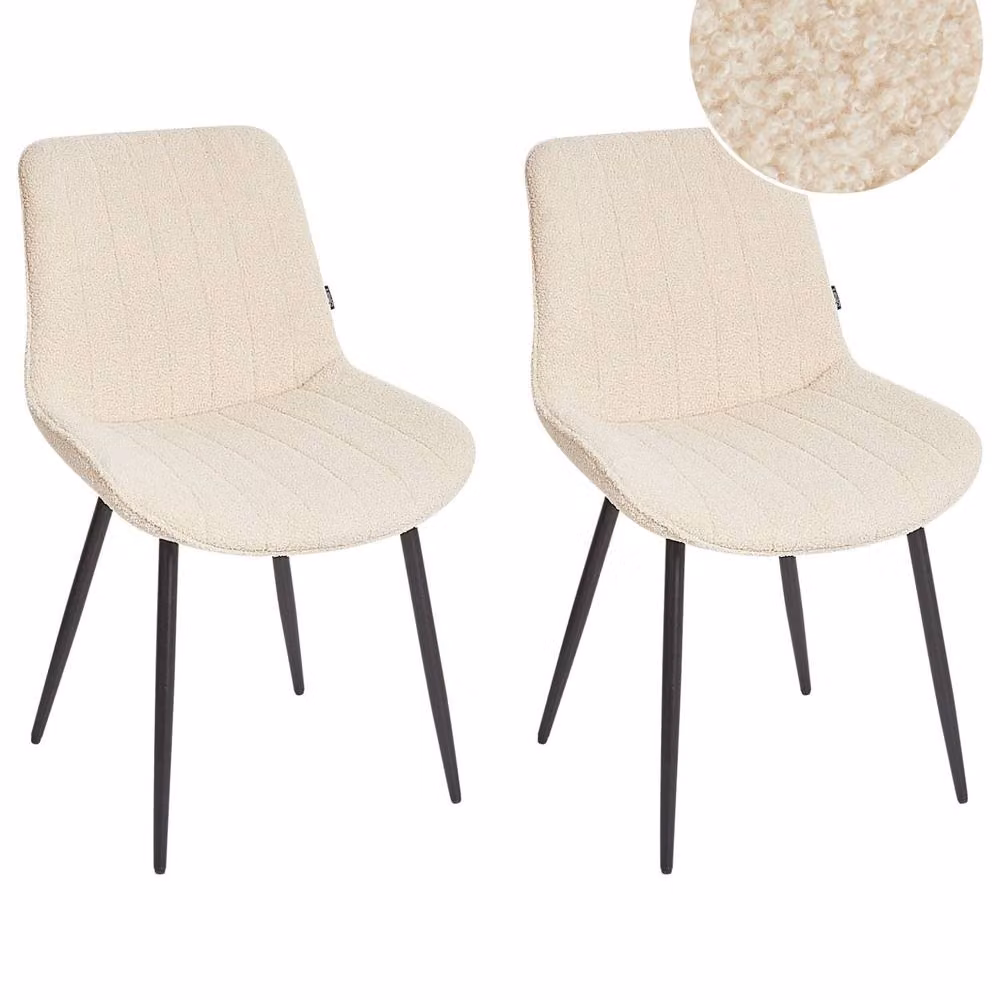 Wyld and Coco Set of 2 Armless Bouclé Dining Chairs in Light Beige with Black Metal Legs – 2