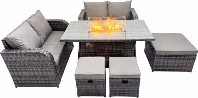Fimous 7-Seater Rattan Garden Furniture Dining Set with 3 Stools in Dark Grey – 1