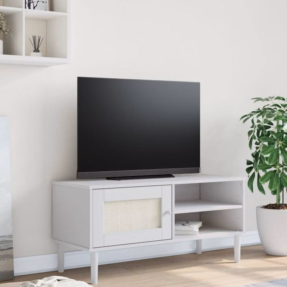 Berkfield Home SENJA TV Cabinet in White Rattan Look Solid Pine Wood, W/D/H: 106 x 40 x 49 cm – 2