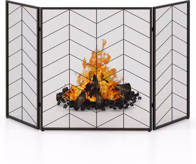 COSTWAY 3-Panel Folding Spark Guard in Black