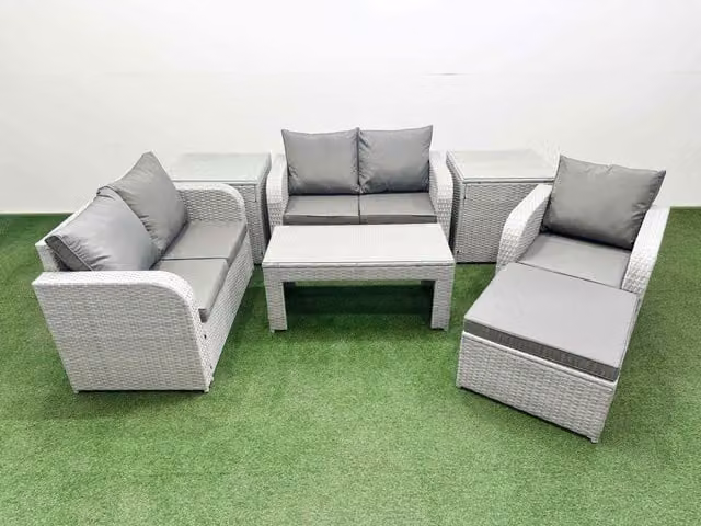Fimous Grey Poly Rattan Garden Furniture Set with 2-Seater Sofa, Reclining Armchair, Ottoman, Coffee Table and Cushions