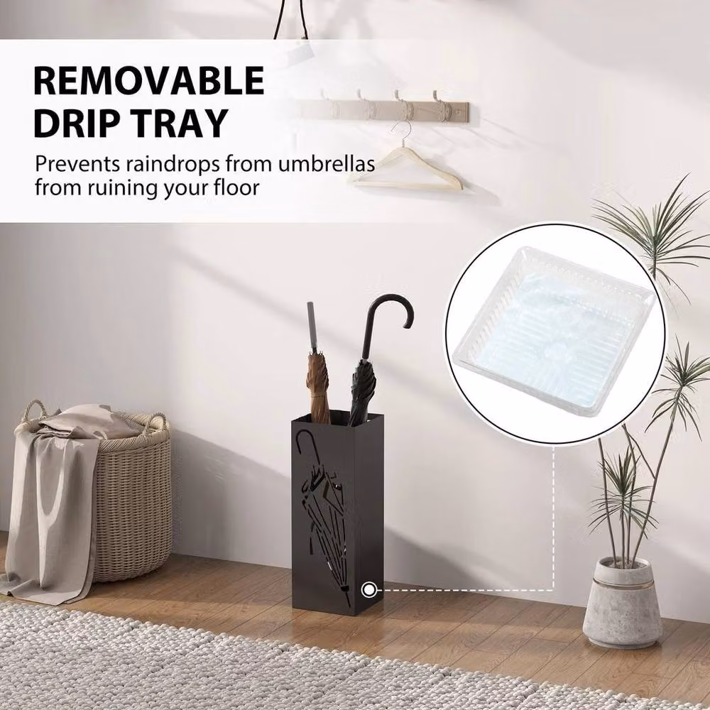 KORVIXA Metal Umbrella Stand with 4 Hooks and Removable Drip Tray in Black – 3