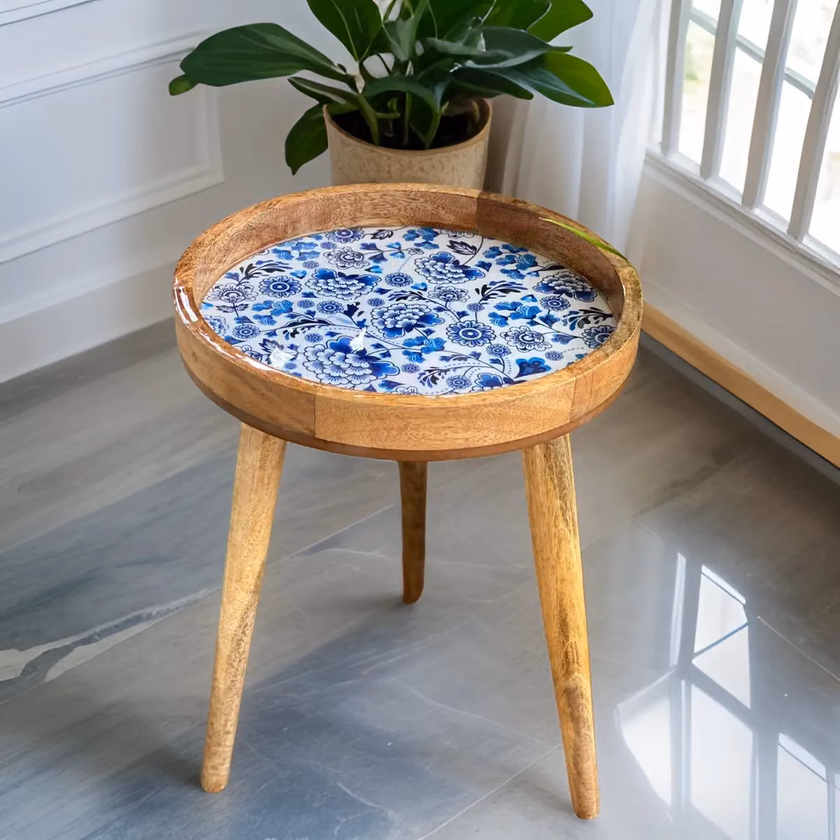Hartsmede Mango Wood Round Side Table with Floral Enamel Resin Top in Beige, W/D/H: 36 x 36 x 47 cm – 5