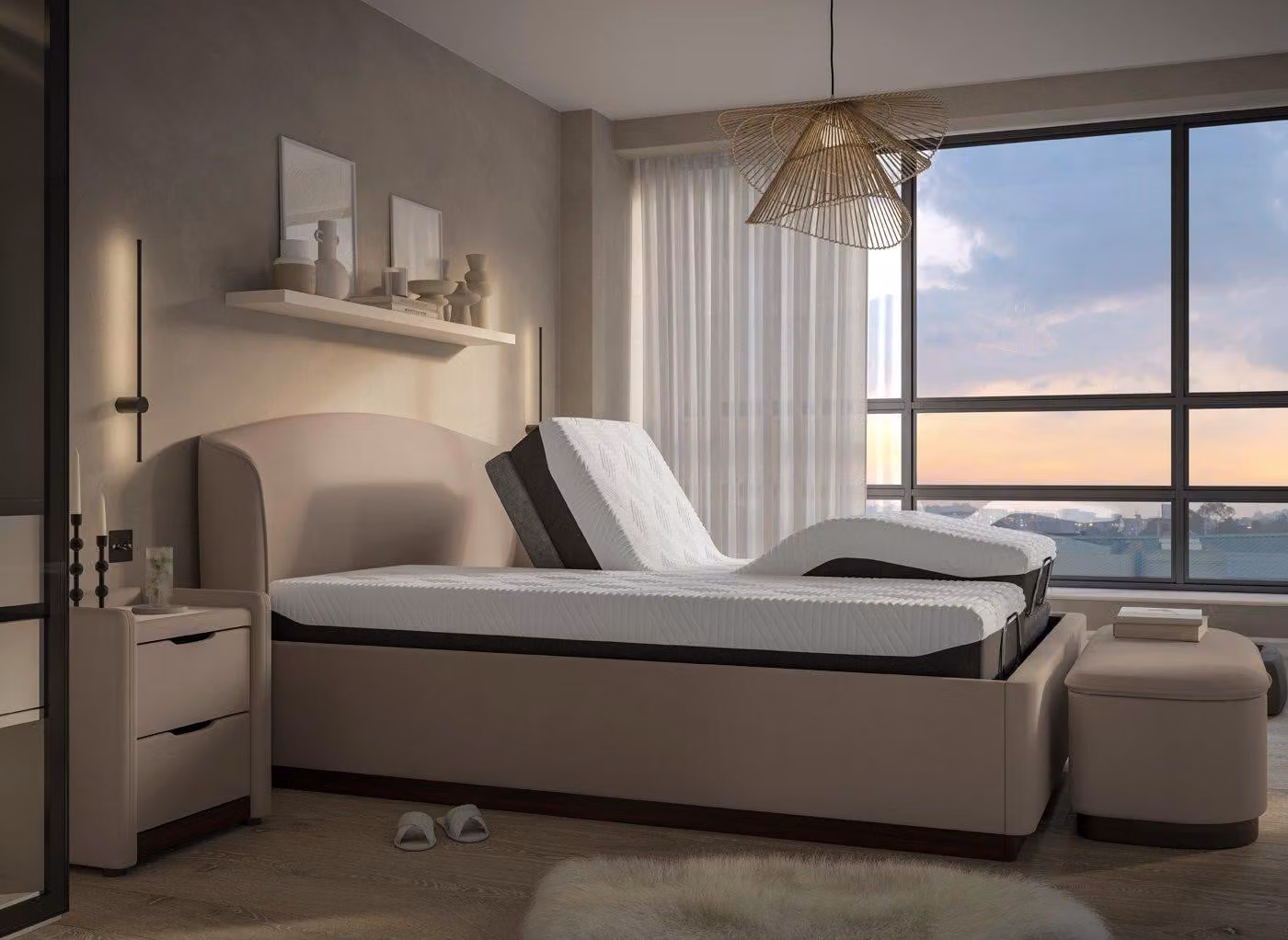 Dreams House Beautiful Chloe Mid-Century Motorised Adjustable Bed Frame in Beige Bouclé Fabric with Walnut Wood Details