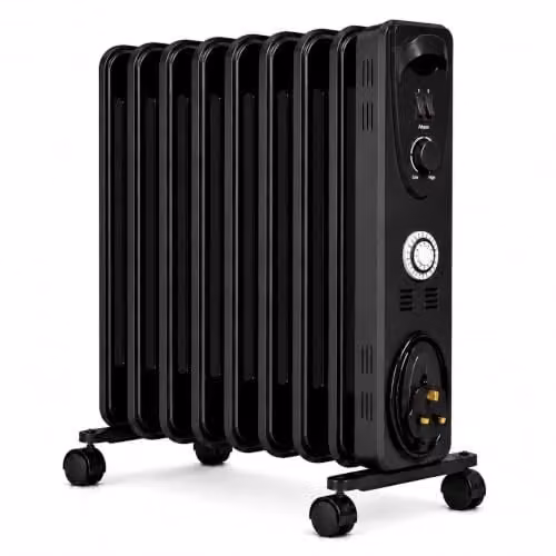 Mylek 2000W Oil Filled Radiator in Black and Grey, Freestanding Metal Heater with Thermostat, Tilt Protection and Overheat Protection, H 63 cm x W 39 cm