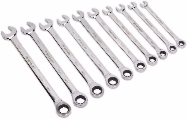 Loops 10-Piece Extra Long Combination Hand Spanner Set, 10mm to 19mm, Silver and Multicolour Chrome Vanadium – 1