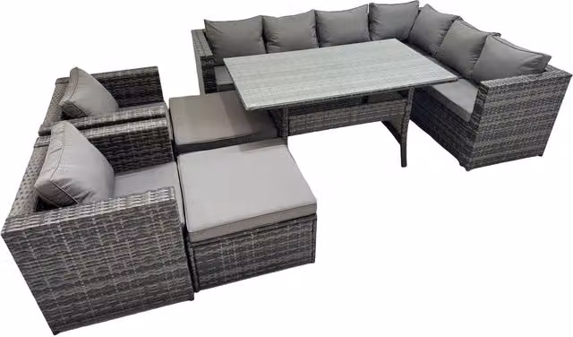 Fimous 10-Seater Rattan Garden Set in Dark Grey with Galvanised Steel and Glass