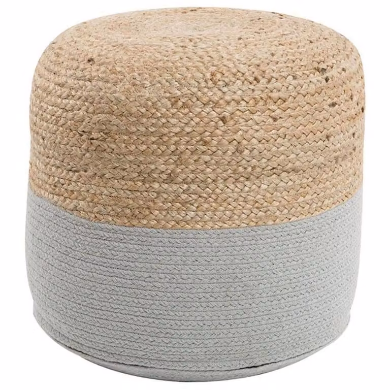 Wyld and Coco Grey Handwoven Jute and Cotton Boho Pouf Ottoman, Diameter: 46 cm