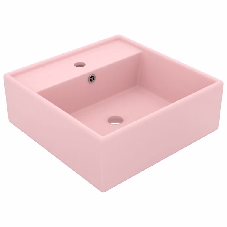 Berkfield Home Luxury Square Ceramic Countertop Basin with Overflow in Matt Pink, W: 41 cm, D: 41 cm, H: 15 cm
