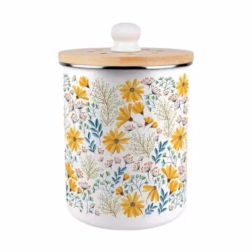 Purely Home Yellow Daisies Food Waste Caddy, 2L Enamel Kitchen Compost Bin with Removable Inner Bucket and Odour Filter, W/D/H: 22.5 x 16.5 x 22.5 cm