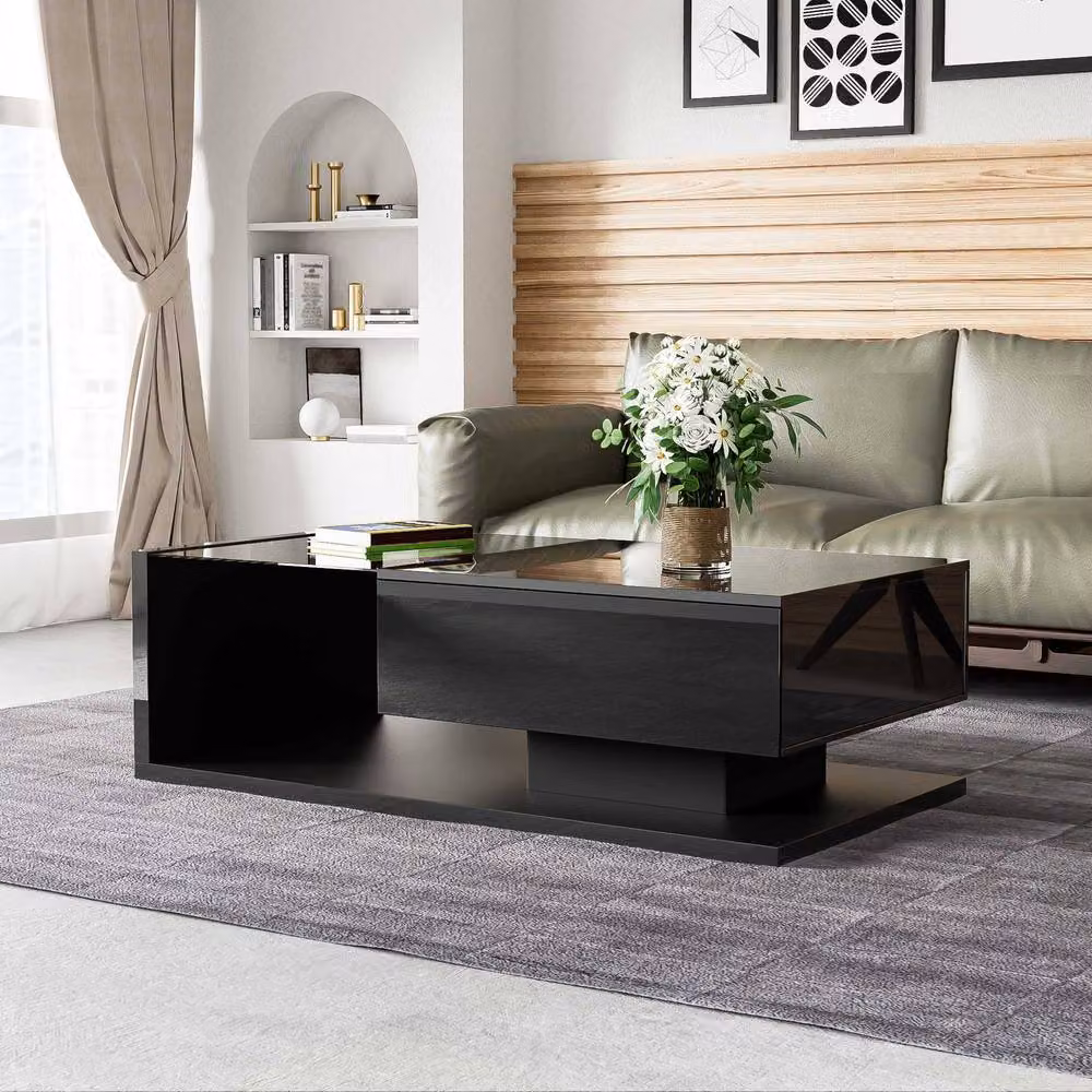 STILVORA Modern Black Coffee Table with LED Storage and Glass Top, W: 105.0 cm, D: 55.0 cm, H: 32.5 cm – 5