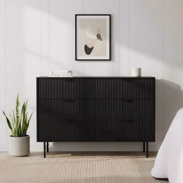 OHS Ribbed 6 Drawer Black Matt Wood Cabinet Chest of Drawers Sideboard