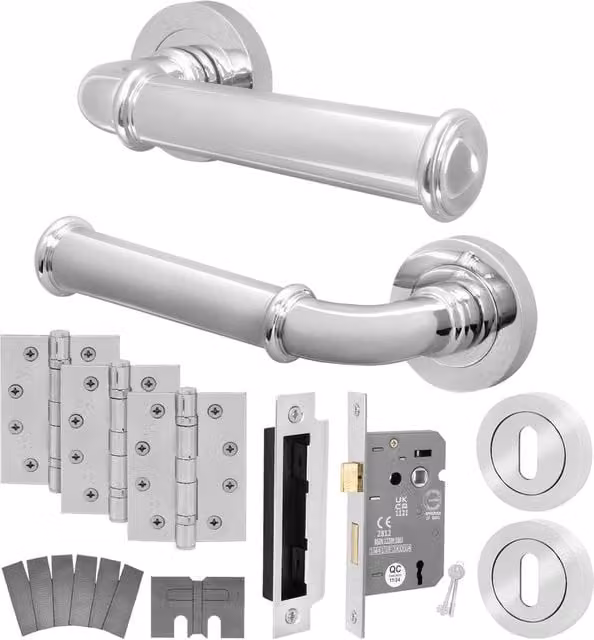 AFIT Polished Chrome Fire Door Handle Key Lock Set with Hinges in Silver