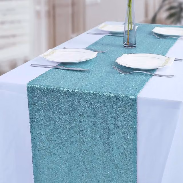 Trimming Shop Turquoise Glitter Sequin Fabric Mesh Satin Rectangular Table Runner