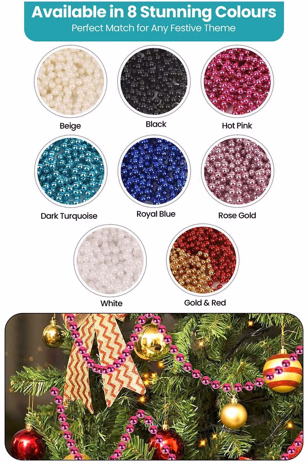 Neel Blue 9m Metallic Christmas Bead Chain with 7.5mm Shiny Pearl Garland in Dark Pink – 2