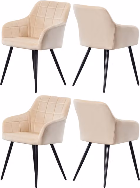 Life Interiors Set of 4 Camden Modern Velvet Dining Chairs with Armrests and Black Metal Legs in Cream – 1