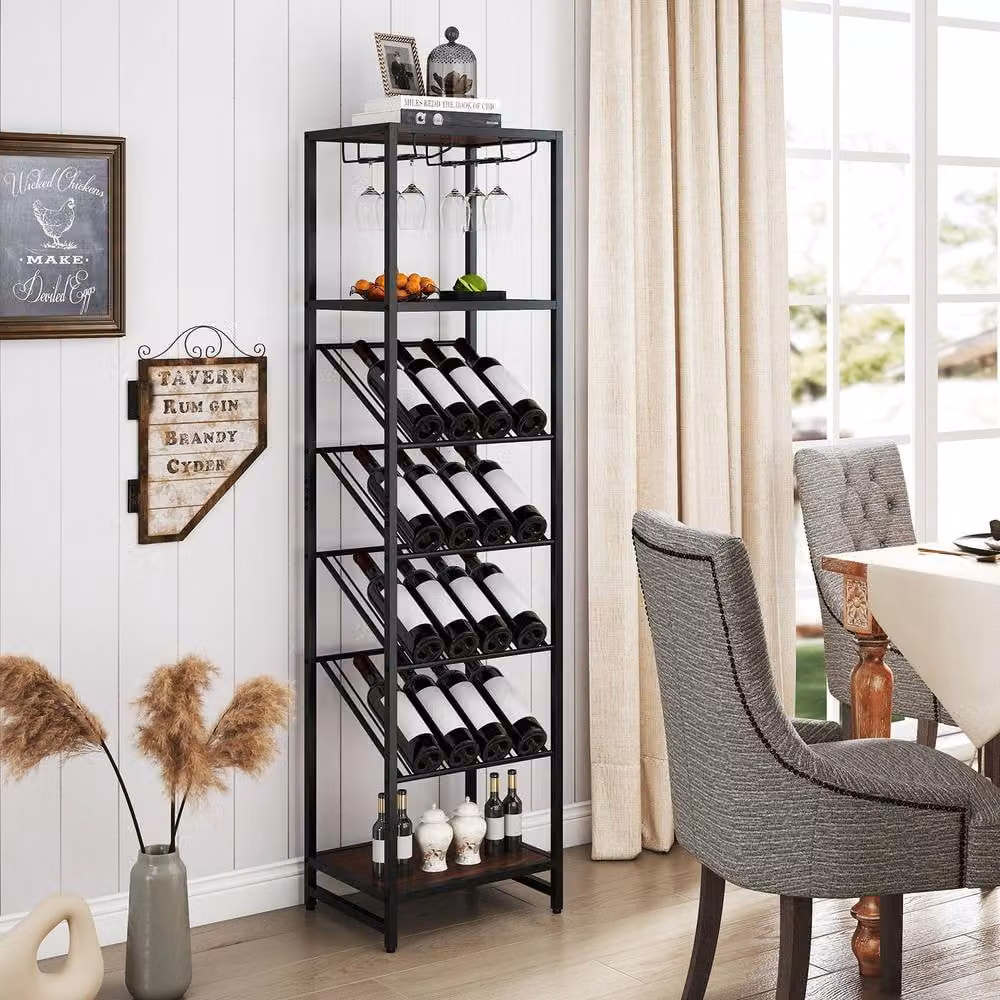 Gymax 7-Tier Freestanding Wine Rack and Liquor Storage Stand with Glass Holder in Brown – 3