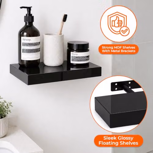iTrend Set of 2 Black High Gloss Floating Wall Shelves, Modern MDF Wall Mounted Storage Shelves for Living Room, Kitchen and Bathroom, Height: 30 cm – 6