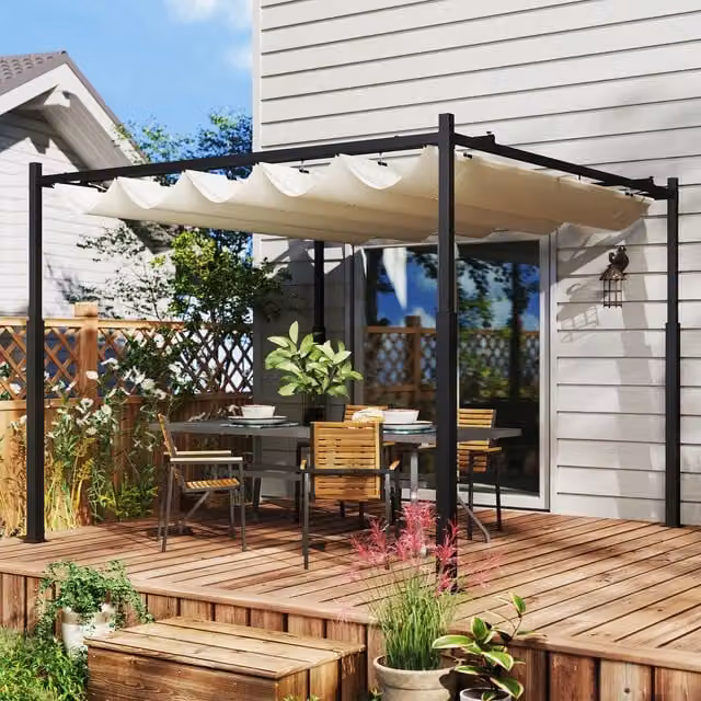 Outsunny Modern Outdoor Pergola with Retractable Roof in Beige, W/D/H: 300 x 300 x 300 cm