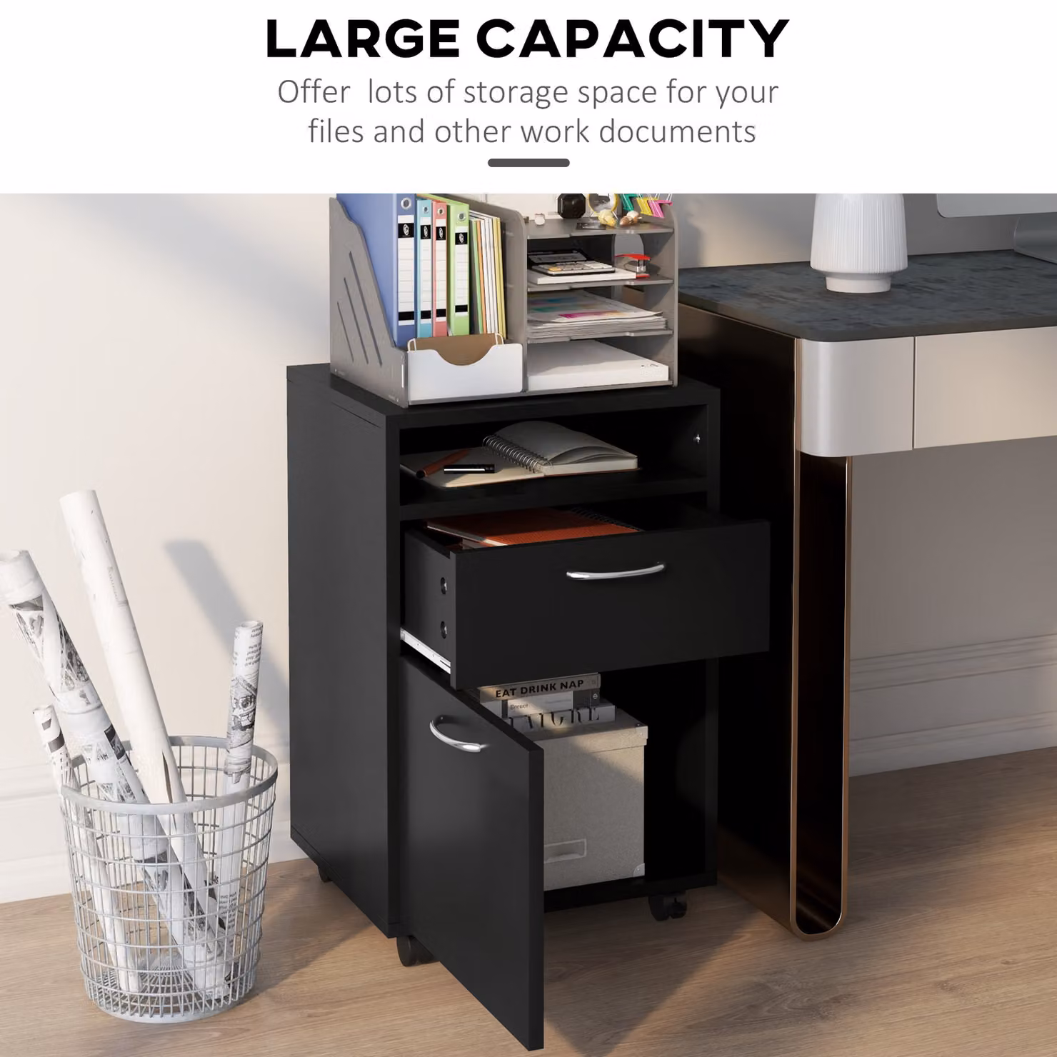 HOMCOM Mobile Storage Cabinet Office Home Organiser with Drawer, Open Shelf and Metal Handles in Black – 4
