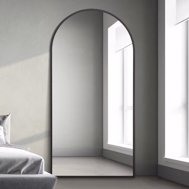 MirrorOutlet Arcus Modern Metal Framed Arched Leaner Wall Mirror in Black, Height: 200 cm