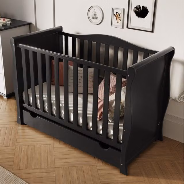 Viculii Willow Black Sleigh Mini Cot Bed with Drawers and Drop Side, 60 x 120 cm
