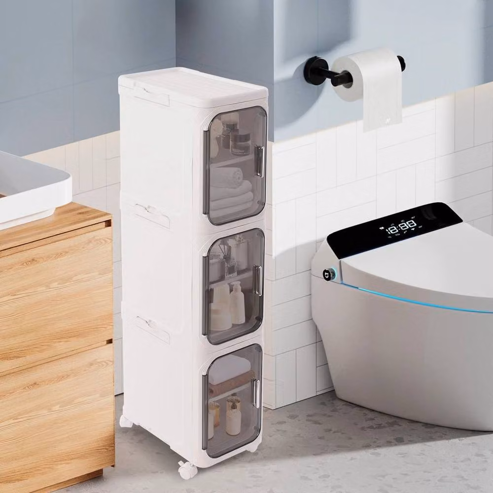Kelvenix White 3-Tier Slim Bathroom Storage Cabinet with Hinged Doors and Internal Shelves – 3
