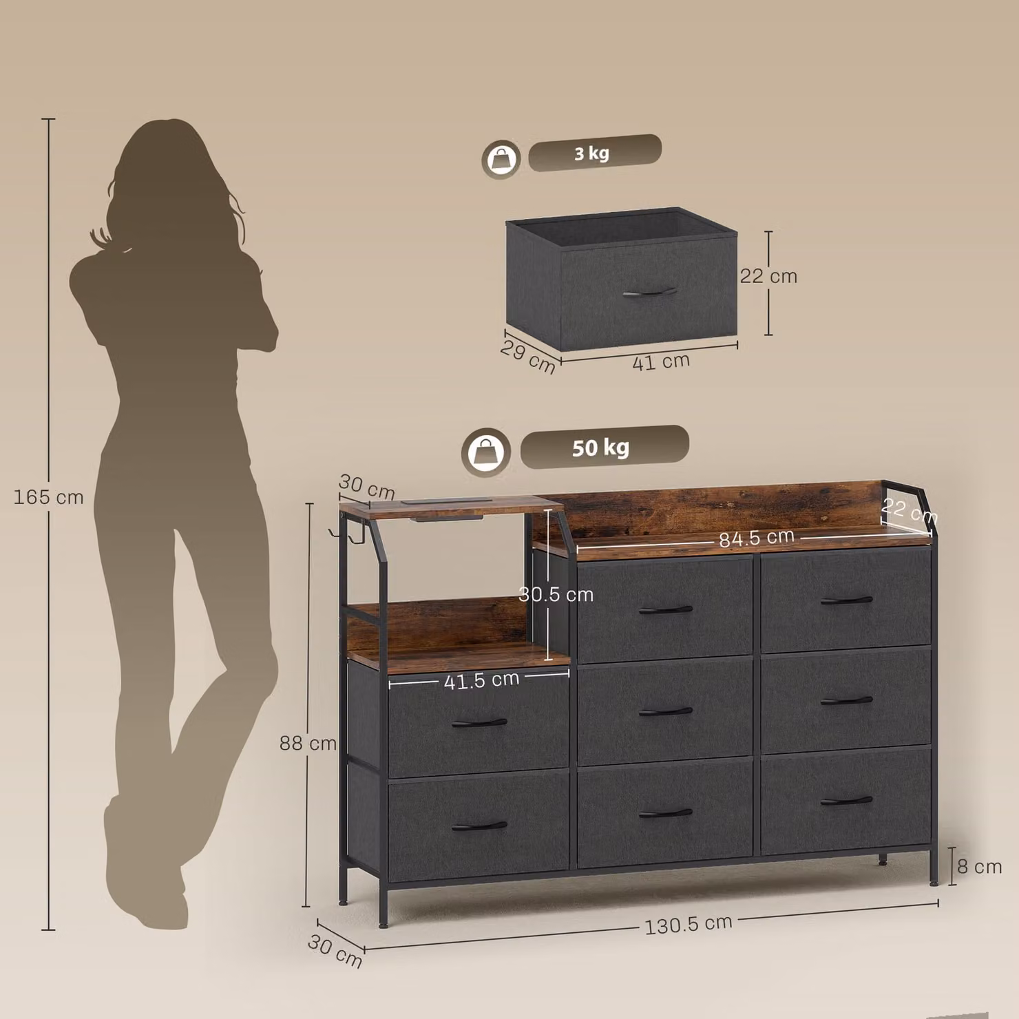 HOMCOM Industrial Eight Drawer Chest with Charging Station in Brown and Black – 3