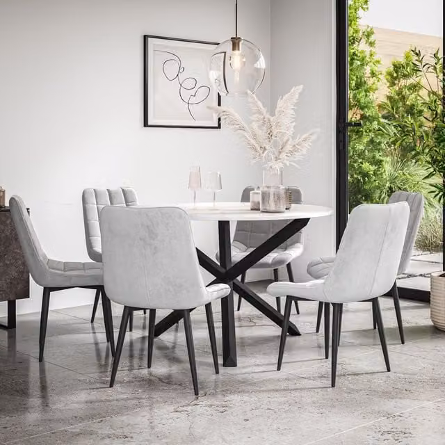 More4Homes Malvern Round Dining Table and 6 Nova Grey Velvet Chairs Set with Marble Top and Black Oak Legs – 1