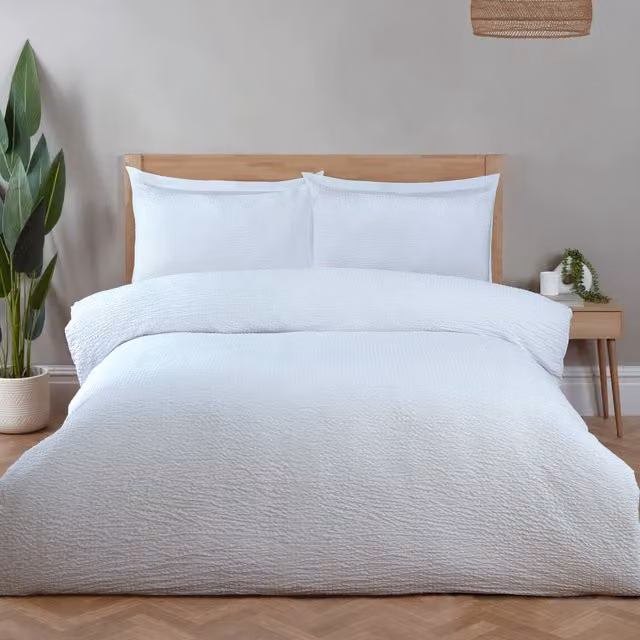 Divante White Seersucker Plain Minimalist Washable Duvet Set, 200 x 200 cm