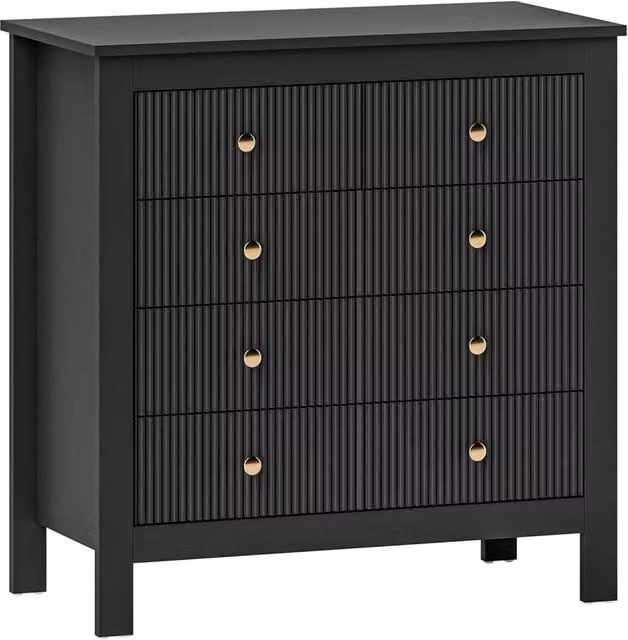 Nordara Fluted Black Bedroom Chest with 5 Drawers and Gold Tone Handles W: 160 cm, D: 60 cm