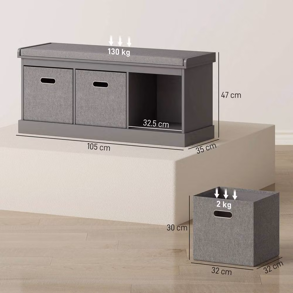 NESTLUNE Shoe Storage Bench with Fabric Drawers in Grey, W: 100 cm, D: 60 cm, H: 60 cm – 2
