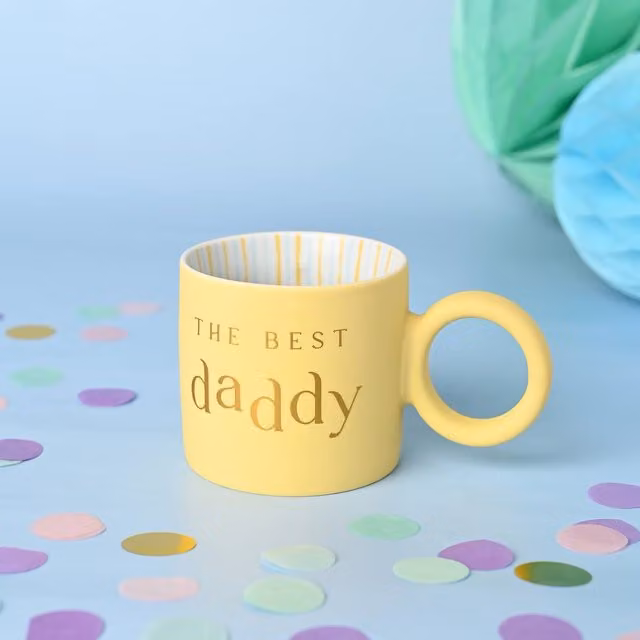 Confetti The Best Daddy Mug in Yellow and Blue Striped Design