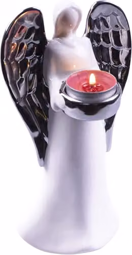 Netagon Ceramic Winged Angel Tealight Holder Ornament in White and Silver for Christmas Tabletop Decoration