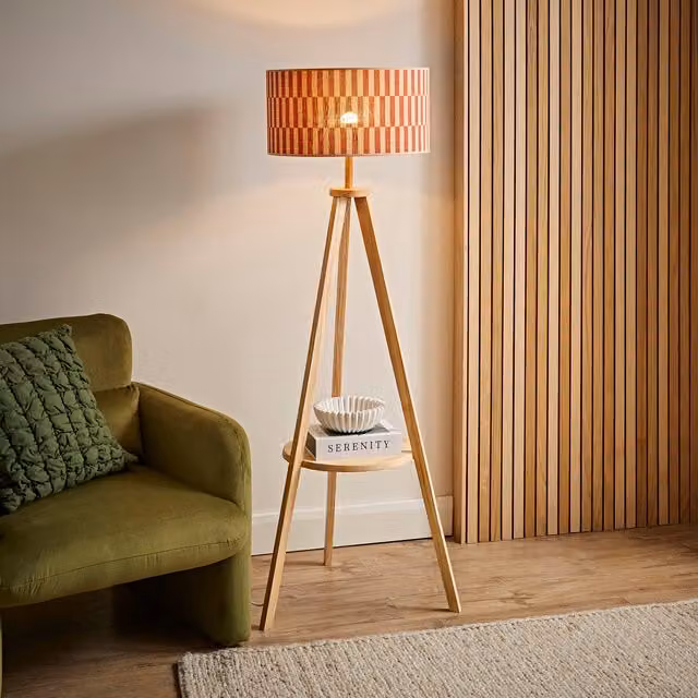 ValueLights Morrigan Shelf Tripod Floor Lamp with Orange Multicolour Bamboo Shade