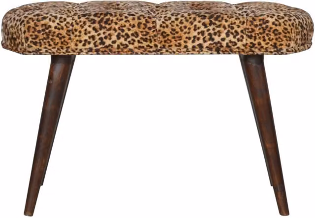 KDMK Leopard Print Cotton Velvet Mango Wood Bench in Brown and Multicolour