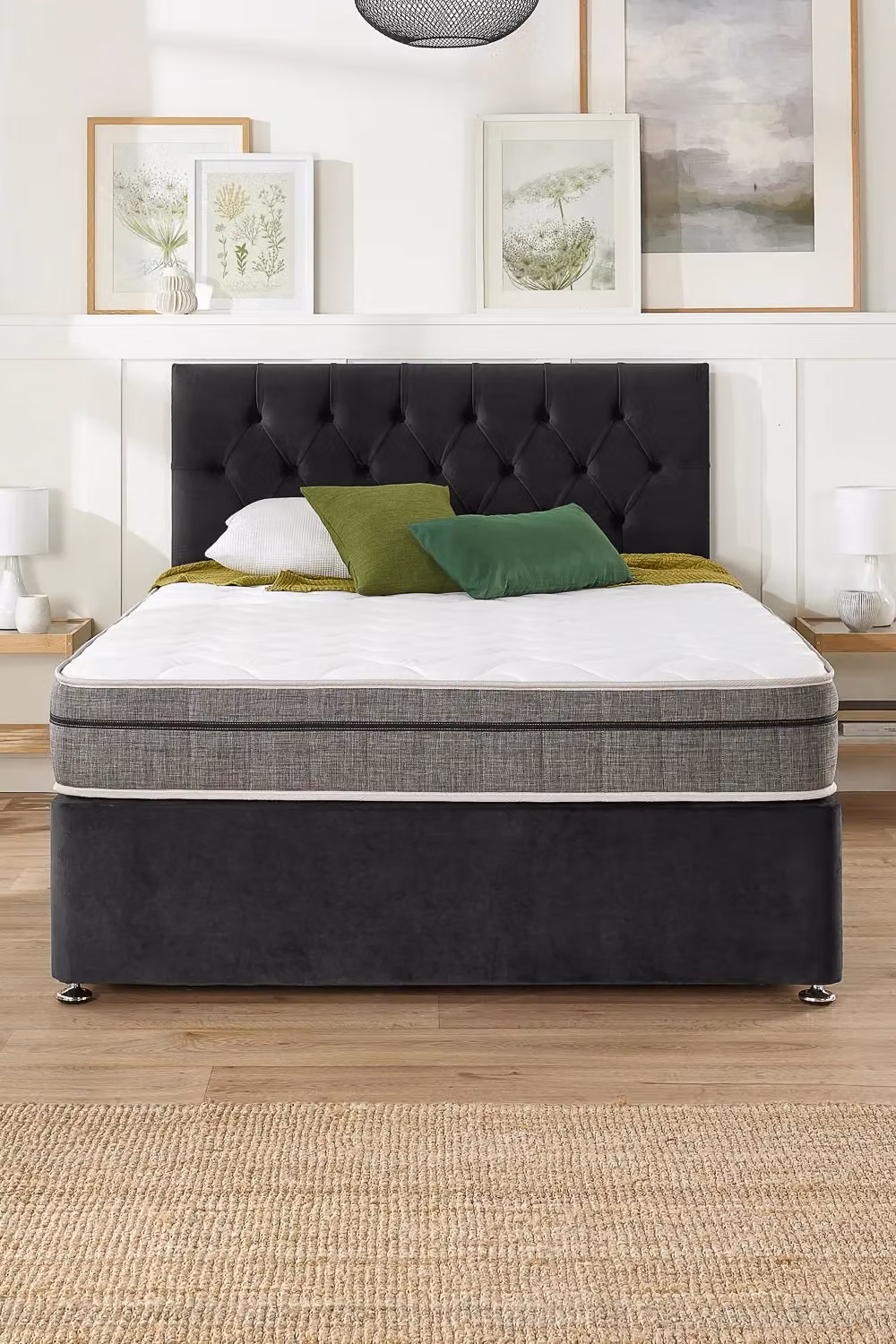 Aspire Olivier Black Velvet Divan Bed and Hybrid Memory Pocket Mattress Set with Strutted Headboard, W/D/H: 90 x 200 cm – 3